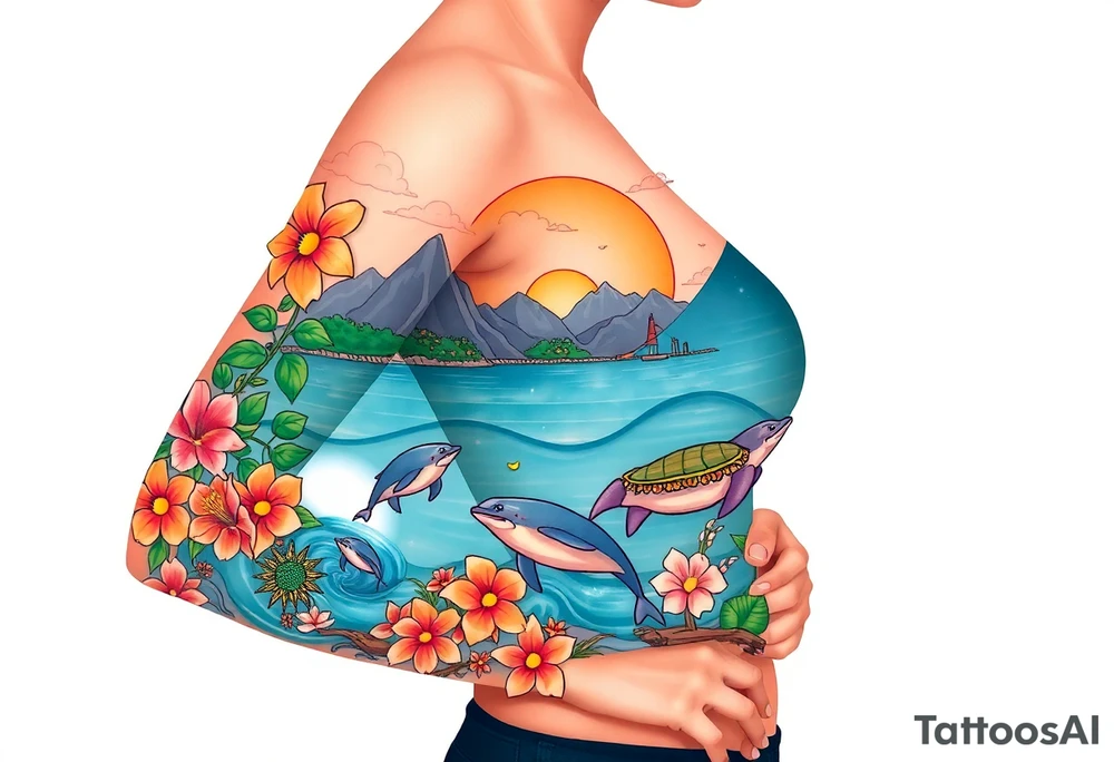 half sleeve, hawaiian theme, with water, mountains, tropical flowers, turtles, dolphins. tattoo idea