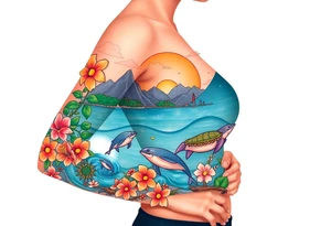 half sleeve, hawaiian theme, with water, mountains, tropical flowers, turtles, dolphins. tattoo idea