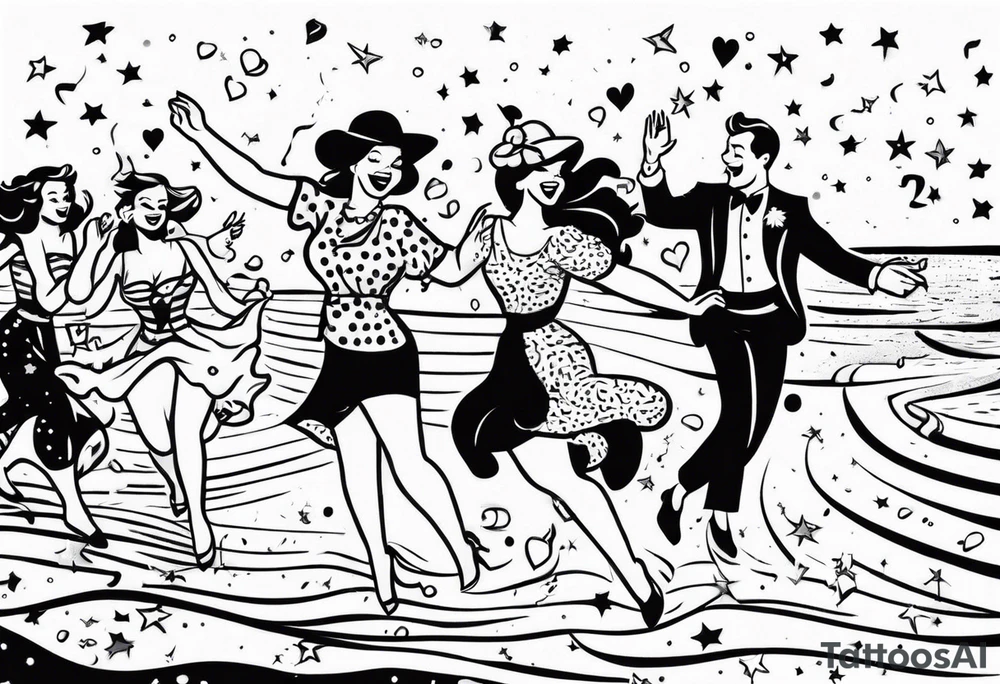 vintage beach dance party with music and confetti tattoo idea
