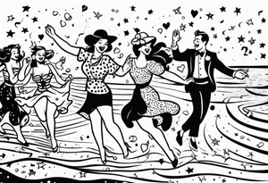 vintage beach dance party with music and confetti tattoo idea