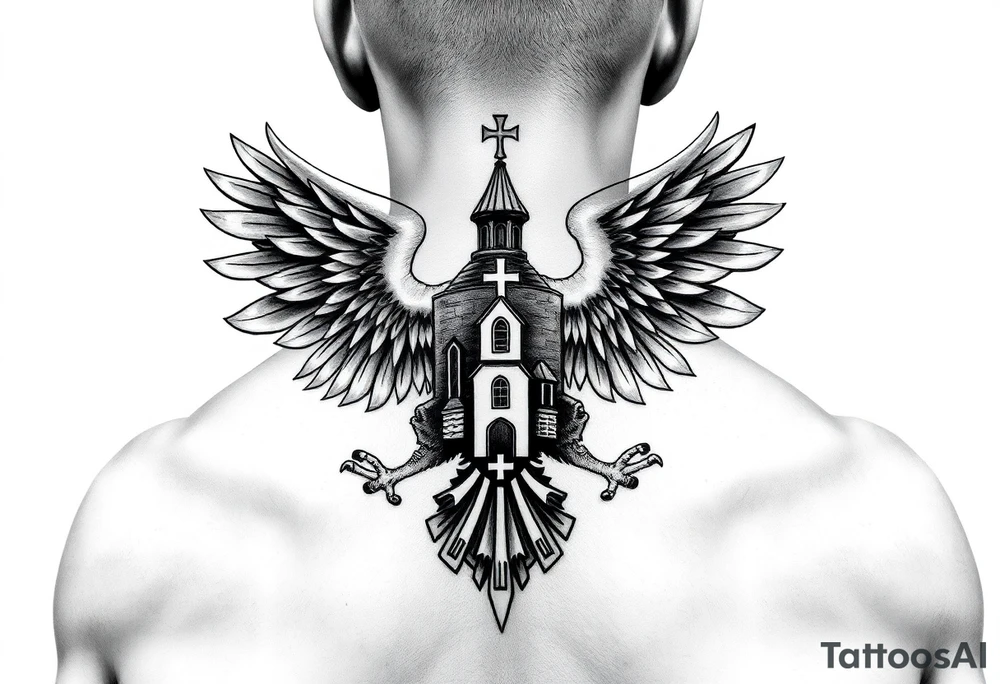 an actual russian coat of arms with the eagles wings spanning out on my back neck across my shoulders / traps with a orthodox christian church being visible in a mountainous sun beaming setting, with the russian orthodox cross spire of the orthodox church being visible on my neck with a sun beaming in the background that the cross sits inside tattoo idea