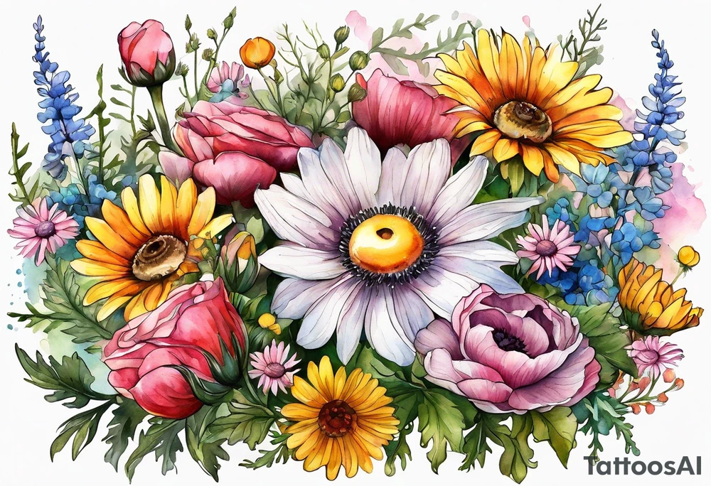 wildflowers cascading with thistles, ferns, white anemones, sun flowers, buttercups, pink flowers, red flowers, babys breath and daisies all in watercolor tattoo idea