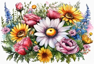 wildflowers cascading with thistles, ferns, white anemones, sun flowers, buttercups, pink flowers, red flowers, babys breath and daisies all in watercolor tattoo idea