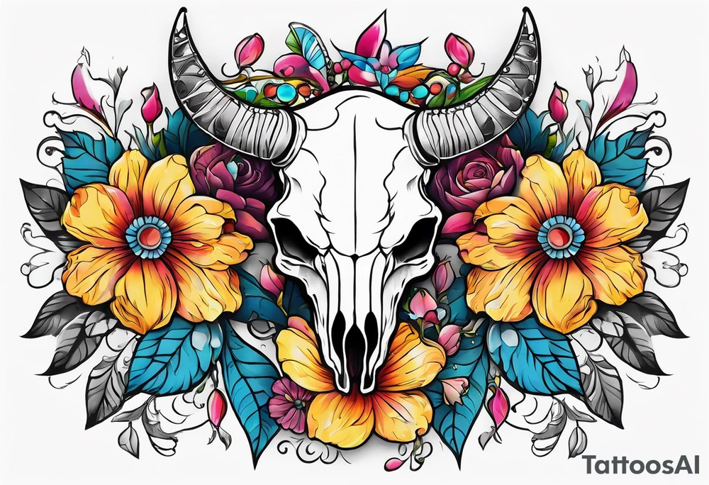 Floral chest piece with animal skull and gems tattoo idea