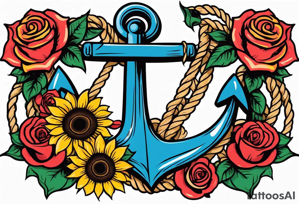 Anchor, wrapped in rope, with sunflowers and roses 
throughout, thigh tattoo tattoo idea