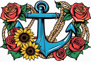 Anchor, wrapped in rope, with sunflowers and roses 
throughout, thigh tattoo tattoo idea