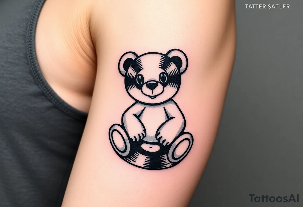 minimalist teddy bear with vinyl records as eyes smiling and sitting on a record tattoo idea