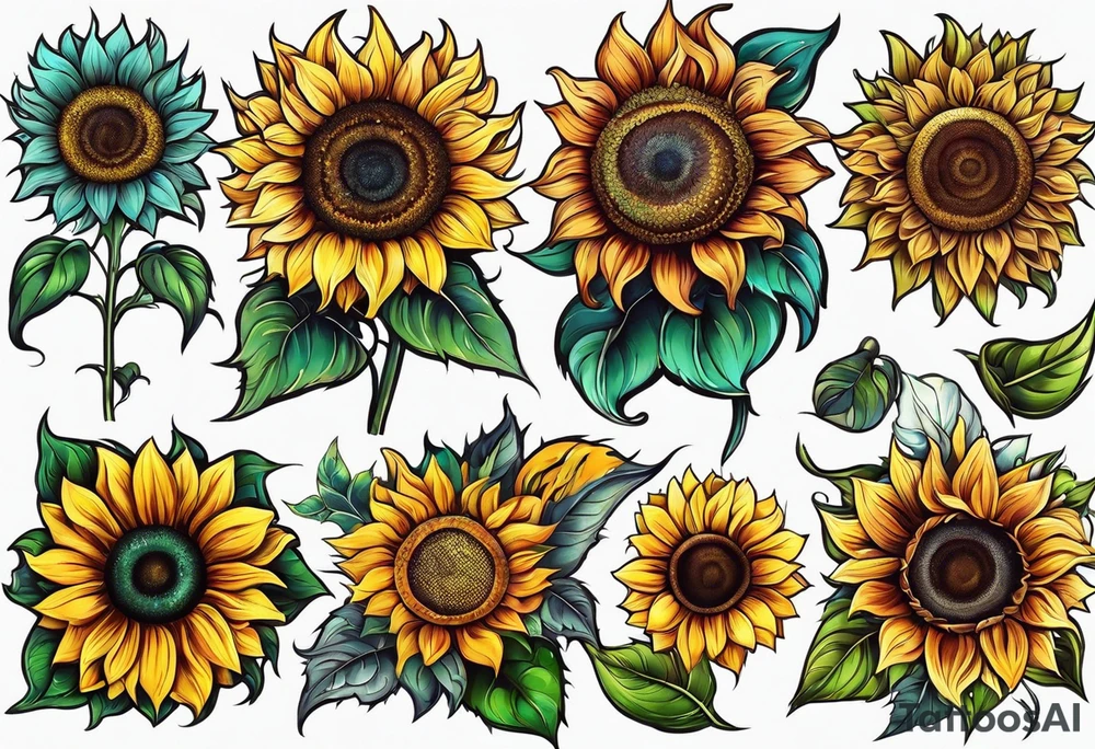 Colorful sunflower arm sleeve tattoo idea