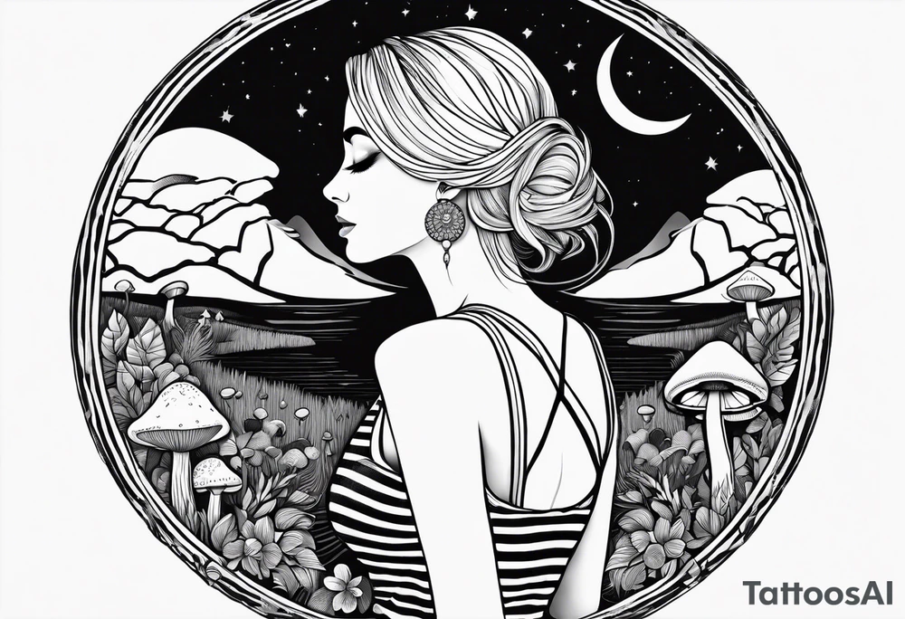 Straight blonde hair girl facing away toward mountains surrounded by mushrooms crescent moon mandala circular design black and white striped dress number 8 tattoo idea