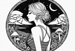 Straight blonde hair girl facing away toward mountains surrounded by mushrooms crescent moon mandala circular design black and white striped dress number 8 tattoo idea