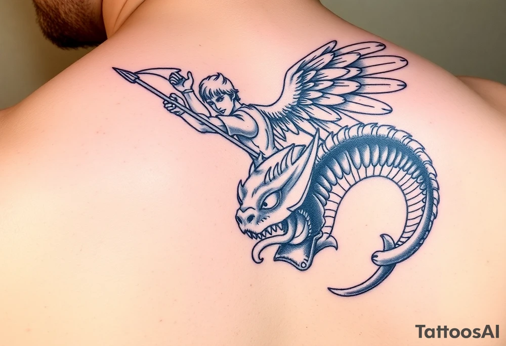 a angel in armor wielding a spear fighting a sea serpent that breathes fire tattoo idea