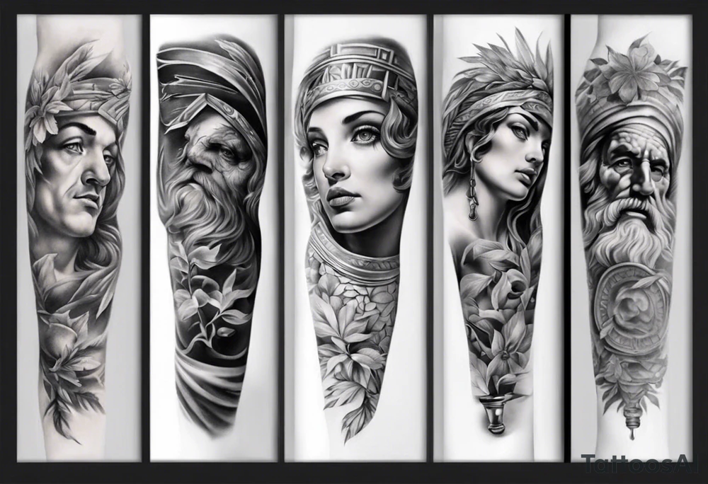 photorealistic greek sleeve tattoo idea