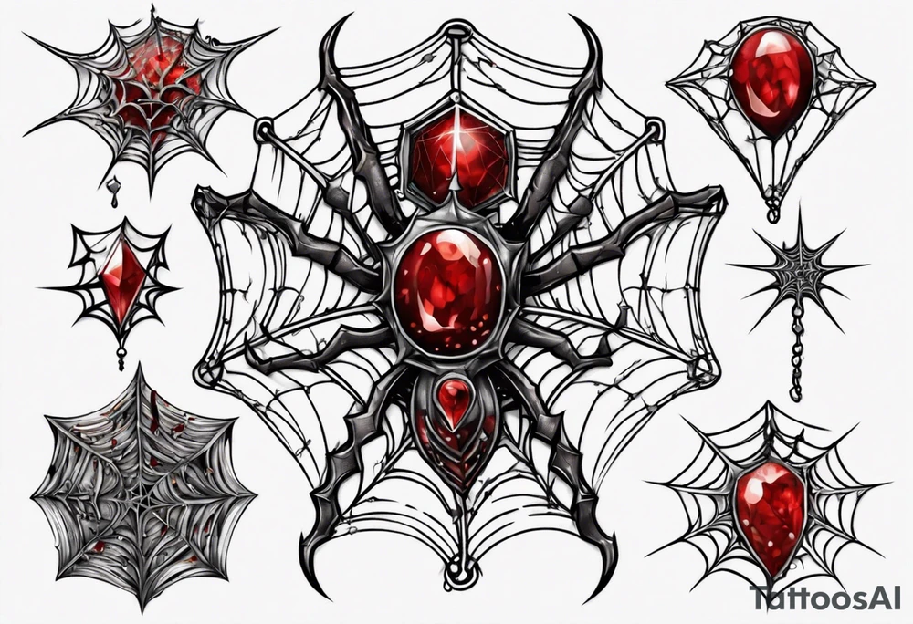 Tangled spiderweb in the shape of a jewel with blood drops and dragon spikes tattoo idea