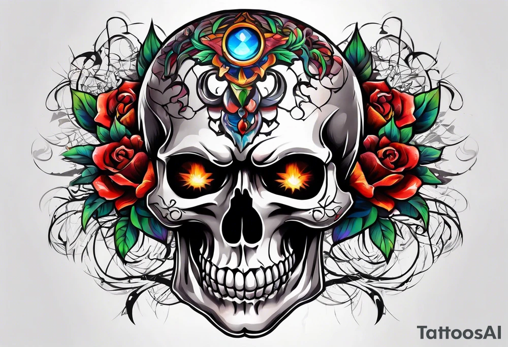 Bright bold Neo traditional realistic broken skull with third eye tattoo idea
