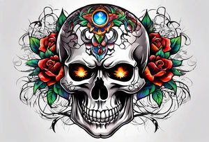 Bright bold Neo traditional realistic broken skull with third eye tattoo idea