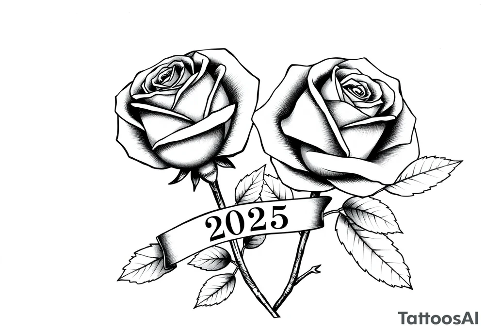two beautiful large rose buds, one larger than the other, with lots and lots of leaves next to the rose buds, with one sitting slightly higher than the other, side-by-side.  Include a banner connecting the two roses with the year 2025 on it.   Use dark outlines with little shading. Remove all stems from the roses. tattoo idea