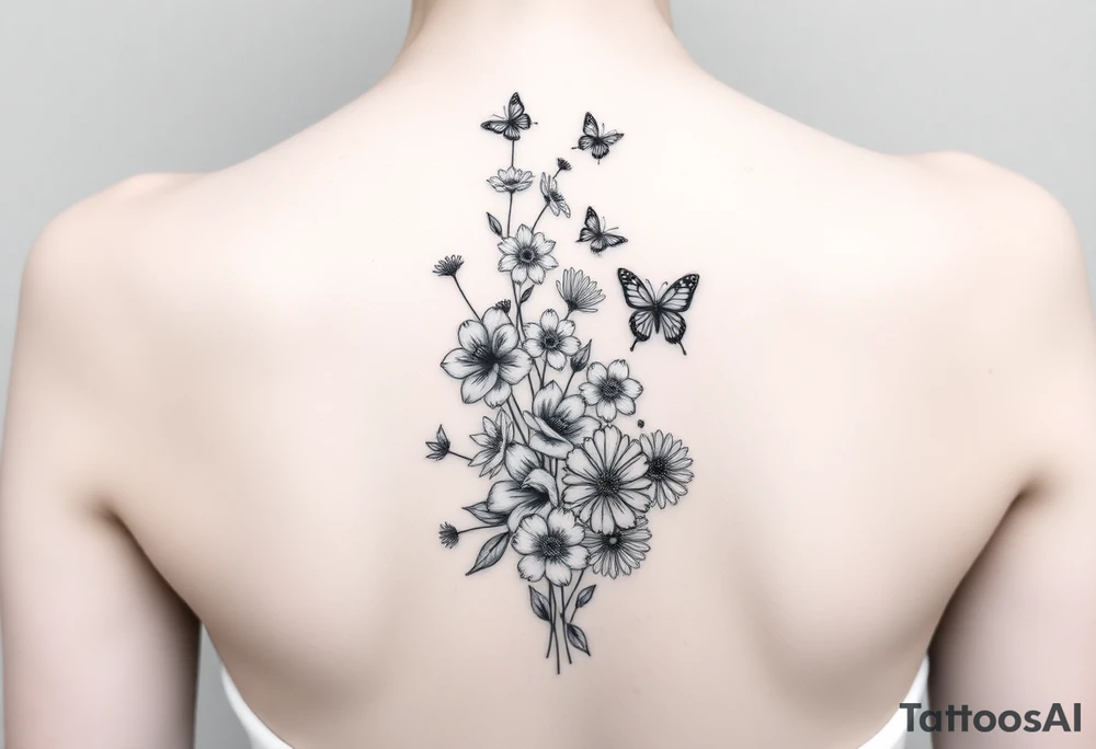 Simple and delicate Delphinium, violet, narcissus, rose, daisy bouquet vertically down the spine not connected with small butterflies tattoo idea