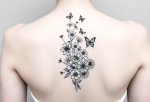 Simple and delicate Delphinium, violet, narcissus, rose, daisy bouquet vertically down the spine not connected with small butterflies tattoo idea