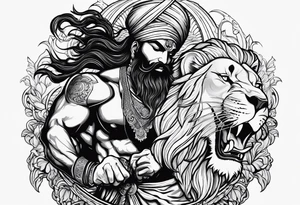 Sikh warrior fighting a lion with full anger tattoo idea