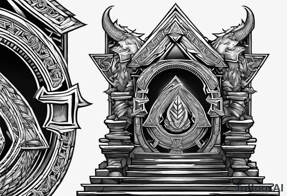 Valhalla sword shield dragon axe stairs Valknut barbed wire chains valknut fire tattoo idea Valhalla sword shield dragon axe stairs Valknut barbed wire chains valknut fire tattoo idea
