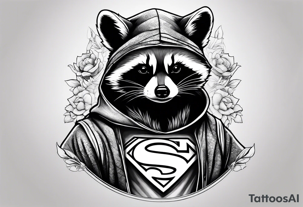 raccoon wearing a Superman hoodie tattoo idea