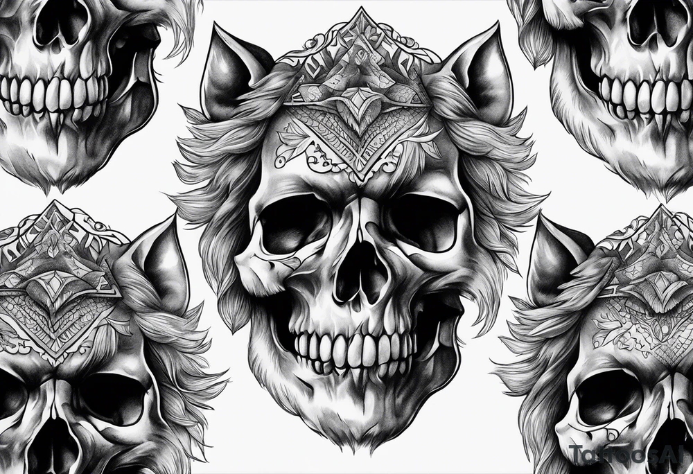 Skull with wolf on top tattoo idea