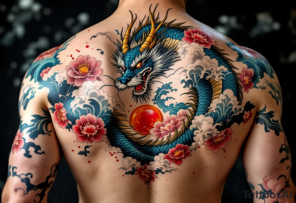 A traditional full-back irezumi tattoo featuring a majestic blue-scaled dragon with white whiskers and golden horns, coiled powerfully around a red and orange flaming pearl, surrounded by blooming pink chrysanthemums and deep red peonies, with waves of swirling black and grey wind bars, backgrounded by stormy clouds and stylized splashes of turquoise water that cascade down both arms and across the shoulders in dramatic motion. tattoo idea