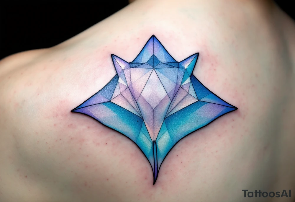 A graceful ray fish glides through deep turquoise waters, its diamond-shaped body shimmering in gradients of silvery blue and soft lavender, with delicate dark spots trailing along its gently undulating wings. tattoo idea