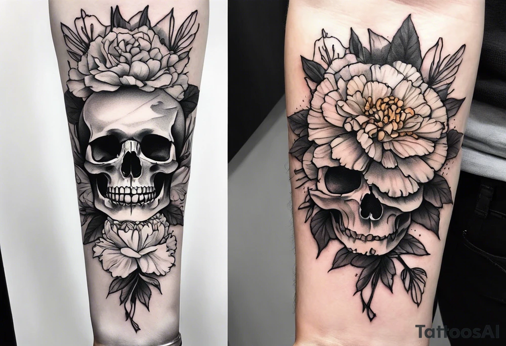 Left forearm tattoo of sunset and carnations on the outside of the forearm and on the inside there will be marigolds and a small skull tattoo idea