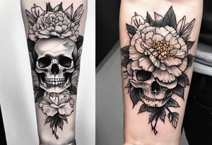 Left forearm tattoo of sunset and carnations on the outside of the forearm and on the inside there will be marigolds and a small skull tattoo idea
