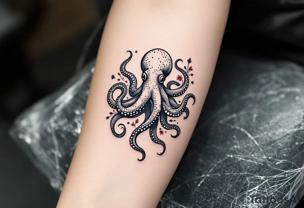 A small realistic black and grey tattoo of an octopus, cute, with detailed shading and soft linework, showing the octopus with swirling tentacles, on light skin. ornamental flowers around with red ink. The style is minimalistic and elegant, resembling fine-line tattoo with a shadow tattoo idea