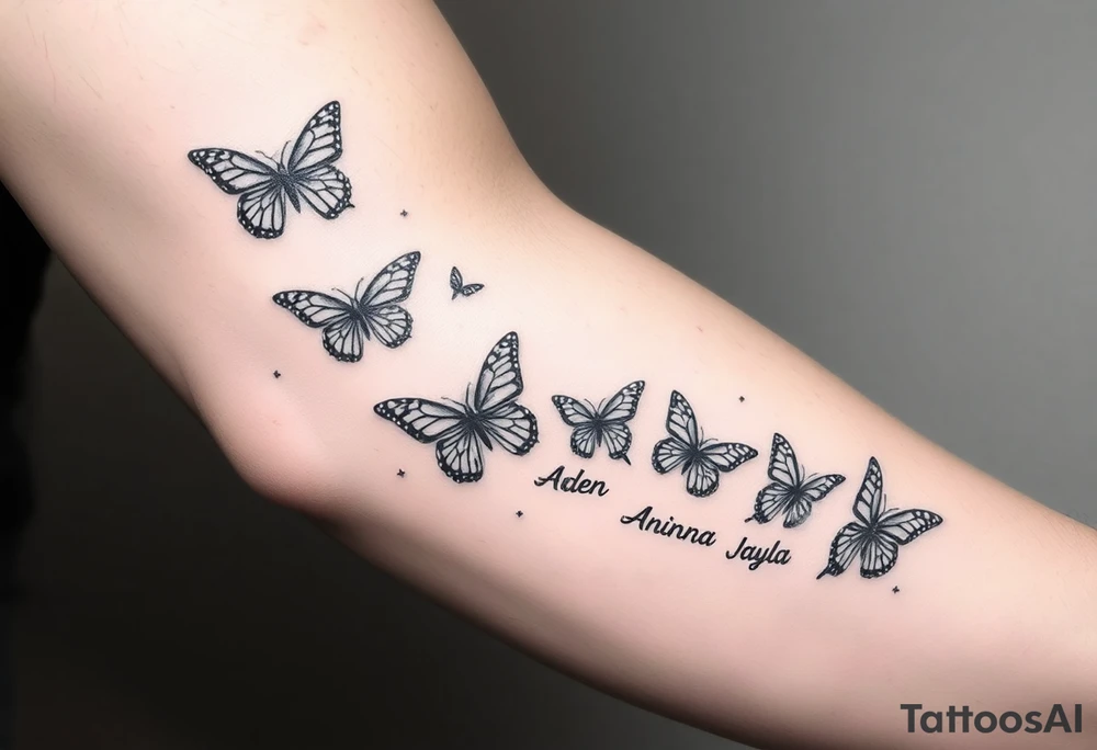 Six Butterflies with kids names streaming down arm  names of kids are Aden, Novaih, Aninna, Rayla, Jayla tattoo idea