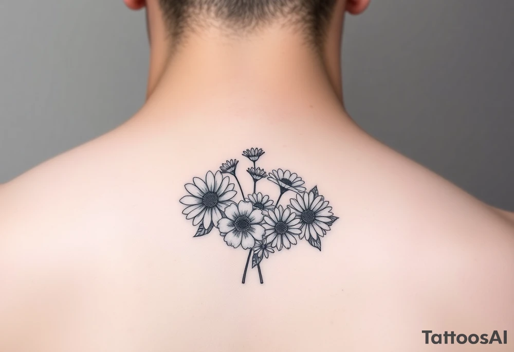 Small flower bouquet with order of flowers, daisy, cosmo, poppy, chrysanthemum, cosmo tattoo idea