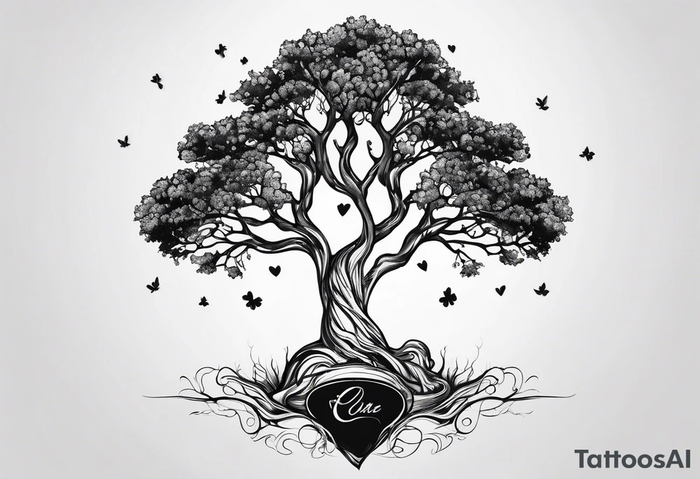 One line tattoo of oak tree with little gift at the bottom tattoo idea