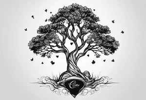 One line tattoo of oak tree with little gift at the bottom tattoo idea