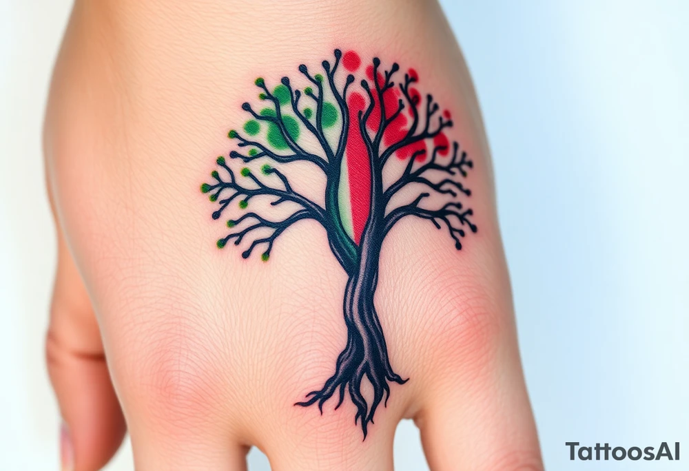 Vibrant tree of life Jamaican colours one half and Irish colours one half tattoo idea