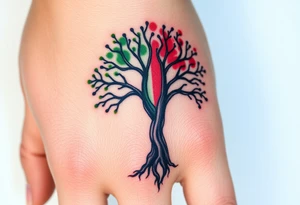 Vibrant tree of life Jamaican colours one half and Irish colours one half tattoo idea