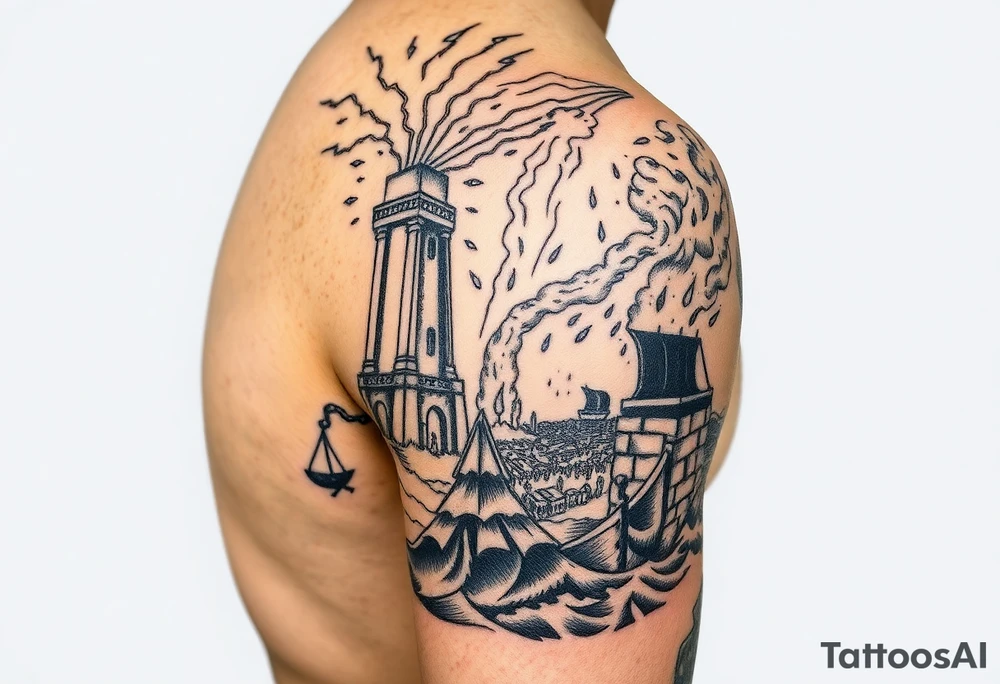 this will be a right arm sleeve.

A crumbling tower struck by lightning, with people scattering in chaos.
Fire raining down from heaven on a burning city, with smoke rising.
A blazing altar with fire falling from heaven
 Floodwaters overtaking the earth, with an ark in the distance. tattoo idea