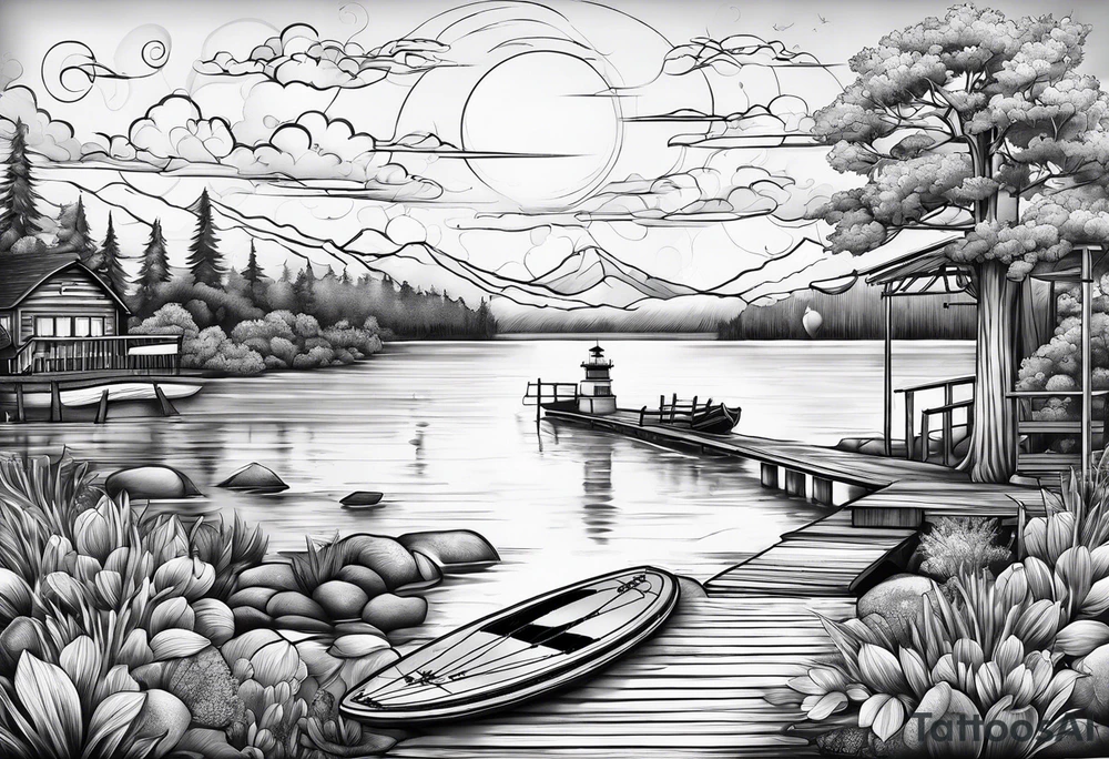 Lake view with wharf and sup tattoo idea