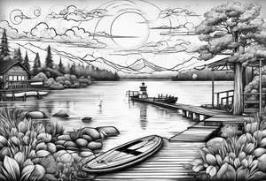 Lake view with wharf and sup tattoo idea