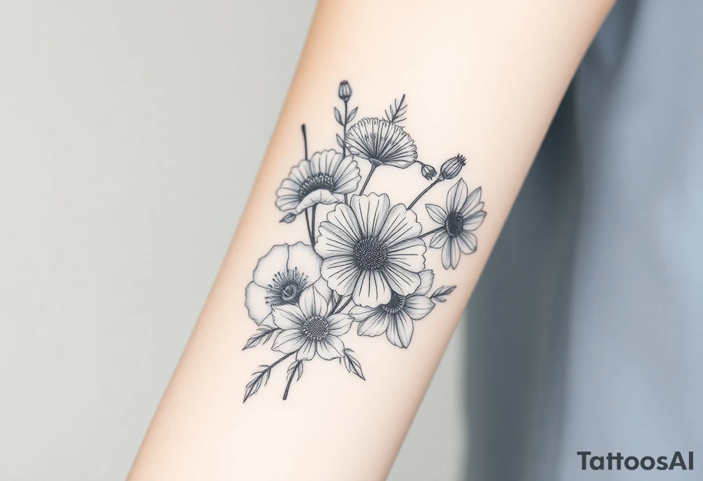 Bouquet of snowdrop, honeysuckle, poppy, aster and cosmos tattoo idea