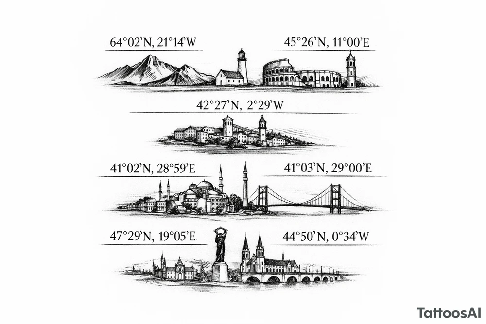 Iceland x3 (sindri, ibv, stjarnan)
Italy x2 (Verona, Sassuolo)
Spain (Logrono)
Turkey x2 (Fenerbahce, Besiktas)
Hungary (Fradi)
France (Bordeaux) Something small that contains these countries or clubs no logos maybe coordinates tattoo idea