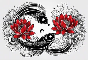 yin and yang coi fish red and black with waves and lotus flowers tattoo idea