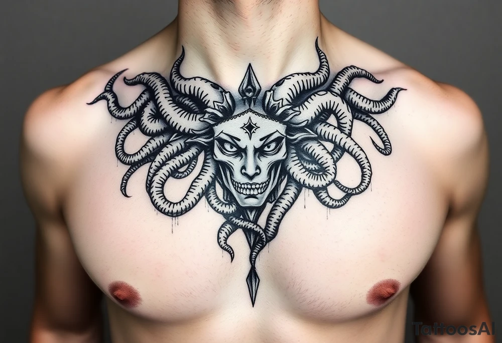 A Beautiful feminine sexy Medusa chest peice Black and white with shading tattoo idea