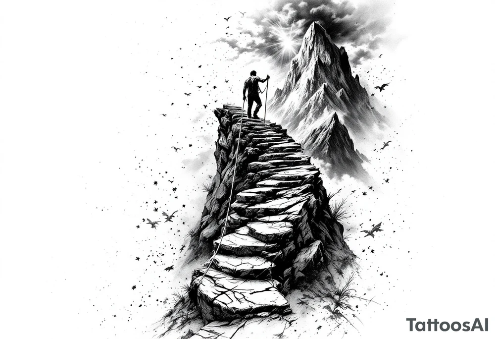 A black and grey tattoo sleeve design featuring a rugged mountain path winding upwards, symbolizing perseverance. A lone figure climbs the path with torn but determined hands gripping a rope. The background fades into storm clouds with rays of light breaking through, symbolizing divine favor. The texture of the tattoo is realistic with fine details, blending elements of stoicism, grit, and faith. The design flows seamlessly from forearm to upper arm, with darker tones at the bottom and lighter tones at the top. tattoo idea