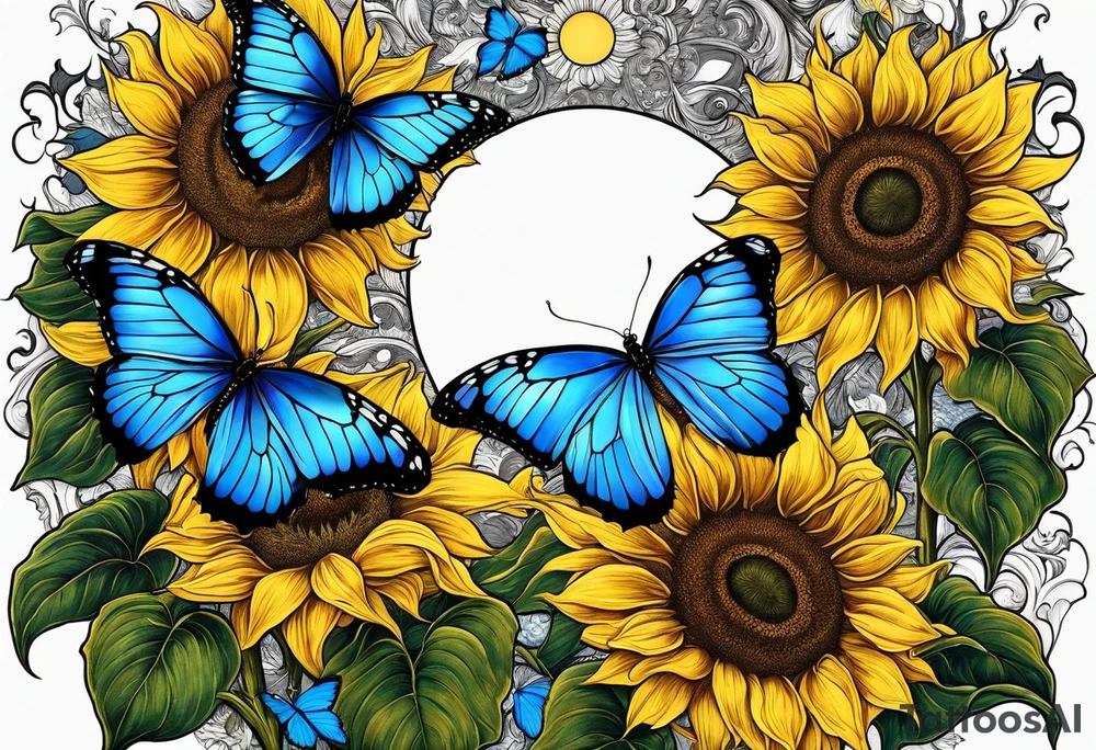 Sunflowers, full moon, blue morpho butterflies, cross tattoo idea