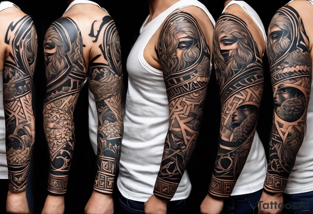 A full tattoo sleeve inspired by Greek mythology, centered around the Greek goddess Athena. Athena is portrayed with a strong, commanding presence, symbolizing wisdom, strength, and warfare. The design emphasizes bold, clean lines with a focus on sharp contrasts, creating a powerful and dynamic visual impact. Surrounding Athena, incorporate a mandala effect with geometric patterns that evoke a sense of order and strategy, reflecting her role as a warrior goddess. The sleeve also features masculine elements such as a fierce owl with piercing eyes, an ornate warrior’s helmet, and olive branches intertwined with Spartan-style armor, all seamlessly integrated into the design. The overall aesthetic is strong, rugged, and heroic, capturing the essence of Athena’s wisdom and martial prowess in a way that resonates with a masculine energy tattoo idea