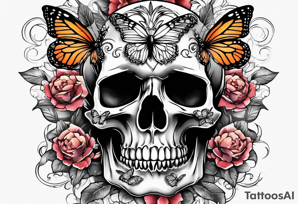 pretty skull tattoo with butterfly and flowers on tights tattoo idea