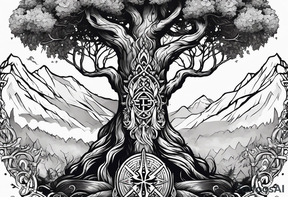 Yggdrasil and a long sword underneath surrounded by Nordic runes tattoo idea