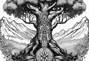Yggdrasil and a long sword underneath surrounded by Nordic runes tattoo idea